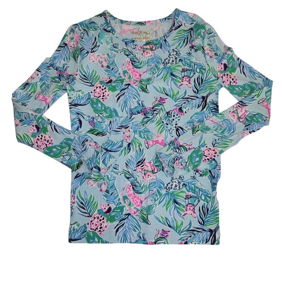 Lilly Pulitzer Girls Long-Sleeve Tropical Print Shirt Size 10 Blue & Pink Cotton - Picture 2 of 9
